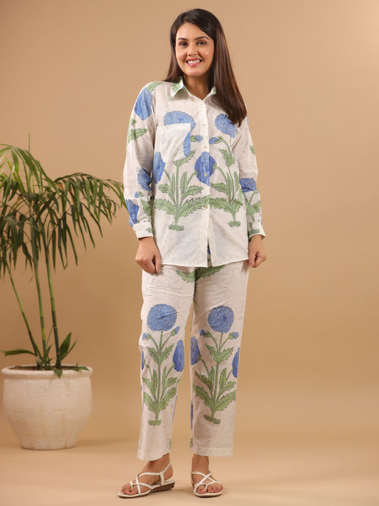 Pavot Co-ord Set - Set of 2 (Pant + Shirt) Blue
